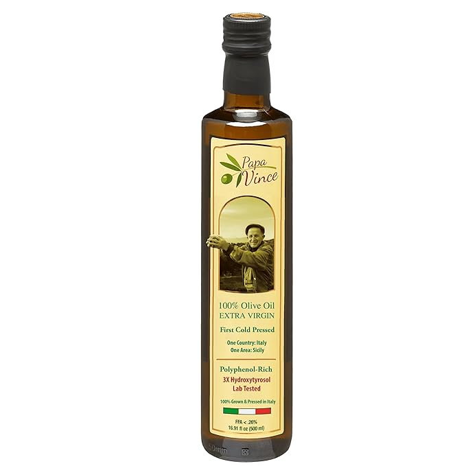 Papa Vince Olive Oil Extra Virgin - First Cold Press Family Harvest 2024/25, Polyphenol Rich, Subtle Peppery Finish, Unrefined, High in Monounsaturated Fat, No Pesticides, No GMO, Sicily, Italy