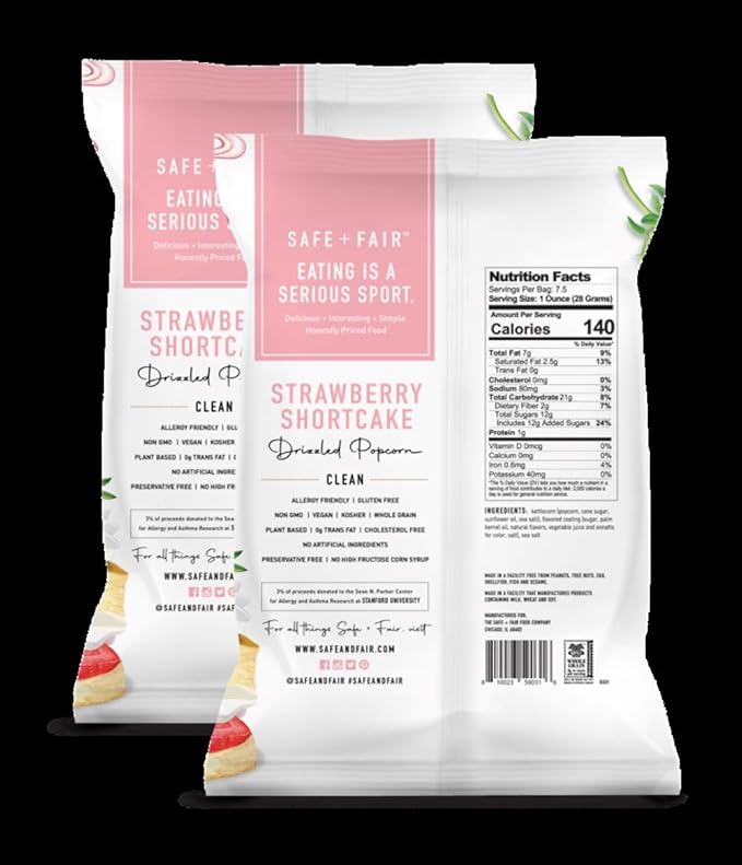 Safe + Fair Food Company Plant-Based Gourmet Strawberry Flavored Popcorn - Strawberry Shortcake Drizzled Kettle Corn Popcorn - Non-GMO + Gluten-Free Snacks,5.5oz