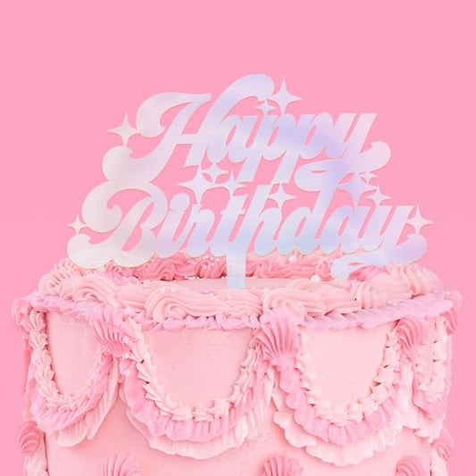 xo, Fetti Happy Birthday Cake Topper - 5" x 7"| Bday Party Decoration, Cake Decor Supplies, Iridescent Party Accessory, Birthday Queen, Finally 21, 30th, 40th, 50th