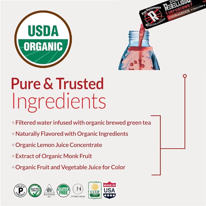 Rebellious Courageous Cherry Lime Organic Drink Mix ??Zero Calorie Energy Drink Mix | Monk Fruit & Green Tea Extract | L-Theanine + Natural Caffeine | 100% Plant-Based | Pack of 10 | Keto,Gluten-Free
