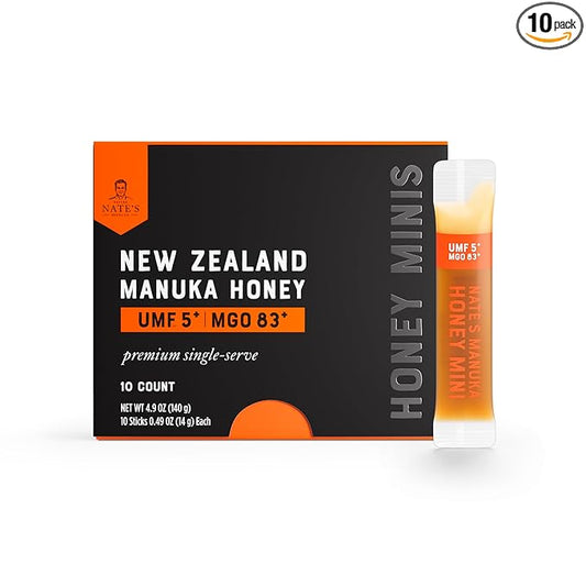 Nate's Manuka Honey Minis - 10 count Single-serve, Pure Manuka Honey - MGO 83+ | UMF 5+ Certified - 10 Single-Serve Packets for On-the-Go Daily Wellness