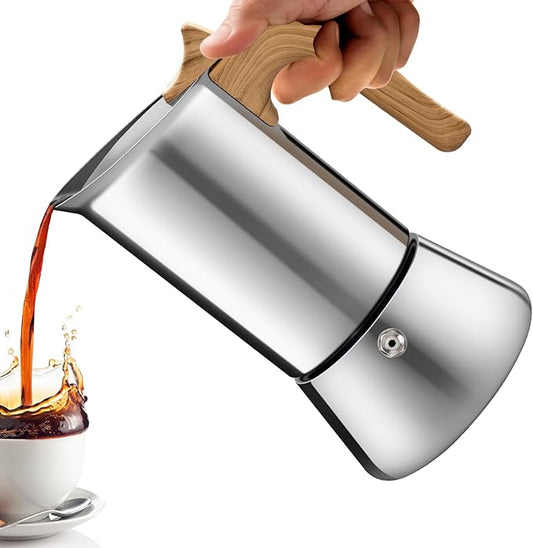 No Coating 2 Cup Moka Pot Thickened 304 Stainless Steel Stovetop Espresso Coffee Maker 100ml 3.4oz Mocha Percolator Greca Cuban Ideal for Making Rich Authentic Italian Caf챕