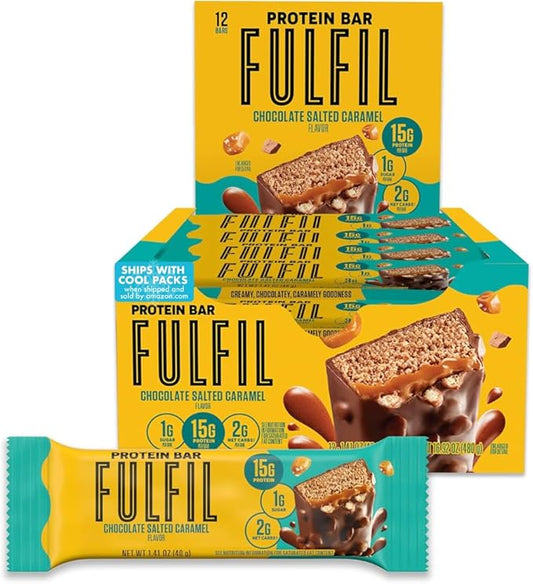 FULFIL Protein Snack Bars, Chocolate Salted Caramel Flavored, Gluten Free with 15g Protein, Pantry Staples, 12 Count