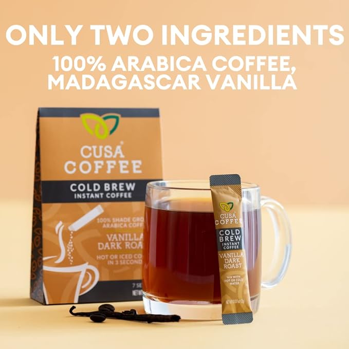 Cusa Tea & Coffee | Premium Instant Vanilla Dark Roast | Rainforest Alliance Certified Arabica Beans | Hot or Cold Brew Drink Mix Packets (30 Single Servings)