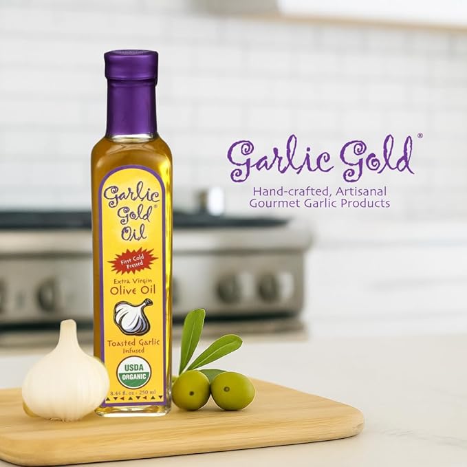 Garlic Gold Extra Virgin Olive Oil Infused with Garlic, Premium Certified USDA Organic, Low FODMAP, Cold Pressed (250 mL, 3 Pack)
