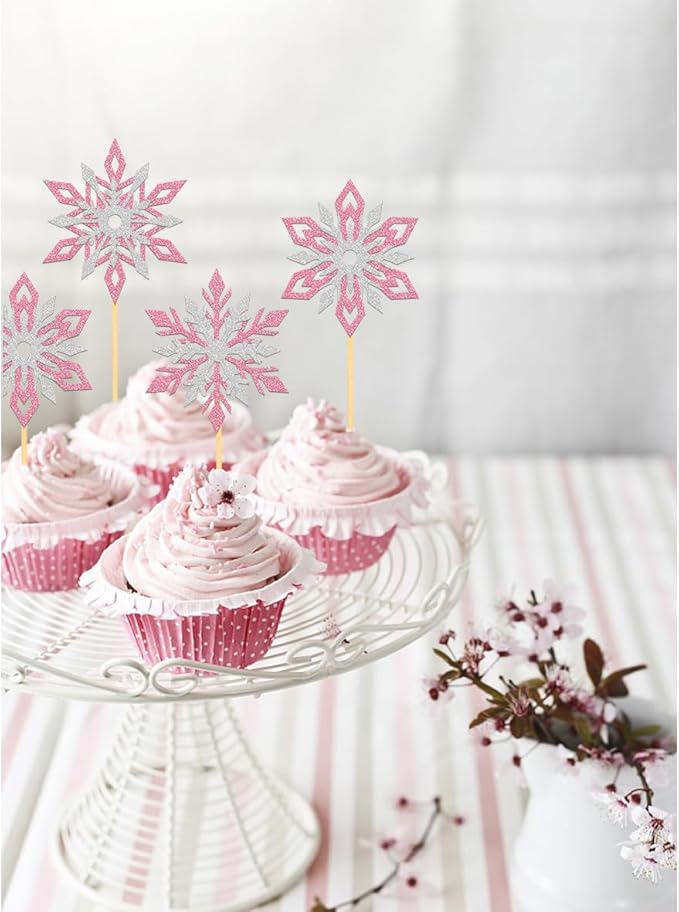 24PCS Glitter Snowflake Cupcake Toppers for Snowflake Decorations, Frozen Snowflake Cake Topper, Christmas Snowflake Cake Picks for Winter Decorations (Mix Pink)