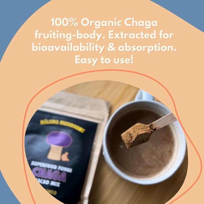 Malama Organic Mushroom Hot Cacao Mix, Chaga Mushroom Powder with Fair Trade Cacao for Immune & Antioxidant Support ??Vegan Supplement & Superfood, Non GMO, 3.5 oz (50 Servings)