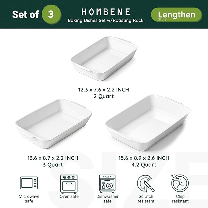 Casserole Dishes for Oven, Ceramic Baking Dishes Set of 3 with Roasting Racks, Rectangular Lasagna Pan with Handles for Baking, Gift, Dinner Microwave Oven Safeç«?QT/3QT/4.2QTç«?,<div>