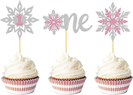24PCS Glitter Snowflake 1st Birthday Cupcake Toppers, Frozen Snowflake One Cake Topper for Winter 1st Birthday Decorations, Snowflake Baby Shower Decorations (1st pink)