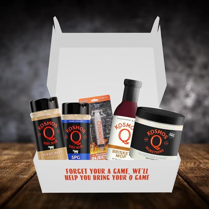 Kosmos Q Pitmaster BBQ Brisket- 5 pc Set - Texas Beef Rub, SPG Rub, Brisket Mop, Moisture Magic, 1oz Injector