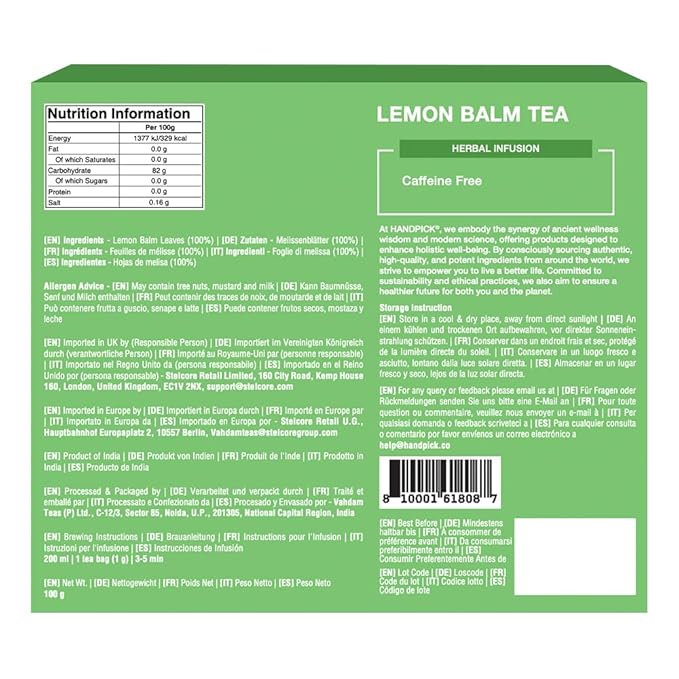 HANDPICK Lemon Balm Tea Bags ??100 Count | 100% Pure Natural Dried Lemon Balm Herb | Caffeine-Free Herbal Tea with Citrus Flavor & Aroma | Round Eco-conscious Teabags
