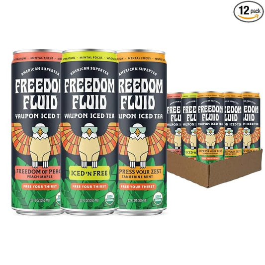 Freedom Fluid Yaupon Iced Tea – Refreshing & Slightly Sweet Organic Yaupon Tea – Variety 12 Pack (12 oz cans) – Antioxidant Rich, Natural Caffeine, Low Calorie, Low Sugar Herbal Tea Drink