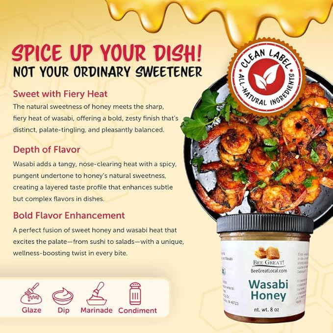 Bee Great Wasabi Hot Honey – Bold Sweet Heat with Wasabi Kick – Great with Sushi, Seafood & Salads (8 oz)