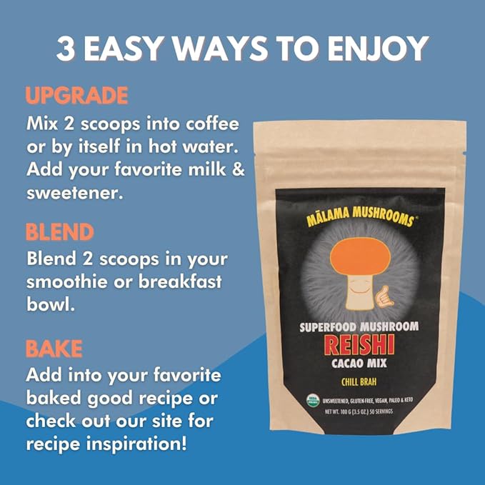 Malama Organic Mushroom Hot Cacao Mix, Reishi Mushroom Powder with Fair Trade Cacao for Immune Support & Relaxation ??Vegan Supplement & Superfood, Non GMO, 3.5 oz (50 Servings)