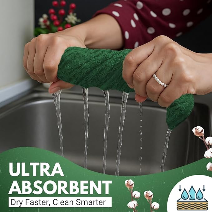 Infinitee Xclusives Premium Kitchen Towels ??Pack of 3, 100% Cotton 15 x 25 Inches Absorbent Dish Towels - Terry Kitchen Dishcloth Towels - Green Dish Cloth for Household Cleaning