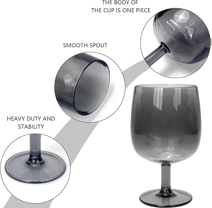 Yalin Set of 6 Unbreakable 12 oz Acrylic Plastic Wine and Water Tumbler Stackable Goblets. (Gray, 12 oz)