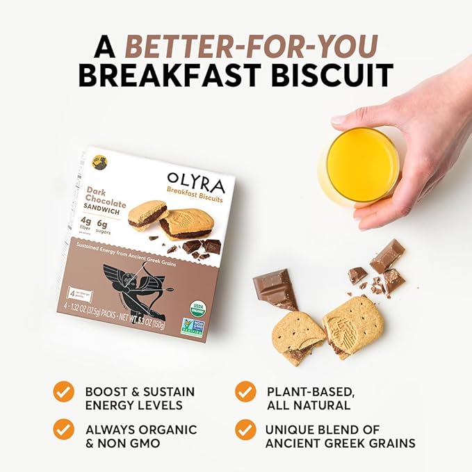 Olyra Dark Chocolate Sandwich Breakfast Biscuits, Healthy Snacks for Kids and Adults, Low Sugar, High Fiber Cookies, Organic Kids Snacks, with Ancient Greek Grains, USDA Certified Organic, Non GMO, 12 Packs