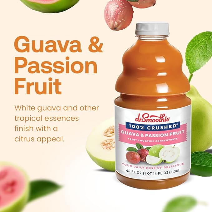 Dr. Smoothie 100% Crushed Guava & Passion Fruit ??No Added Sugar, Made with Real Fruits/Fruit Juice ??Vegan, No Artificial Colors or Flavors ??White Guava with Citrus & Passion Fruit ??46 oz Bottle