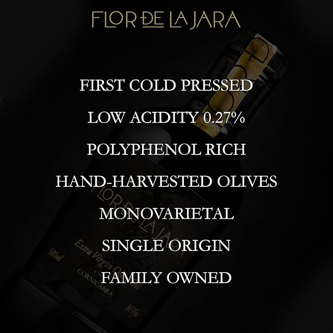 FLOR DE LA JARA Premium Extra Virgin Olive Oil from Spain, First Cold Pressed, Polyphenol-Rich, Monovarietal Cornicabra, Hand-Harvested Olives, Family-Owned Grove, Low Acidity (0.27%), 16.9 fl oz (500ml)