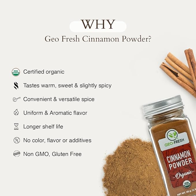 Geo-Fresh Organic Cinnamon Powder ??1.59 oz Glass Jar ??Cassia Cinnamon Powder Organic ??USDA Certified ??Non-GMO, Kosher, Gluten-Free ??Premium Spice for Baking, Cooking, Coffee