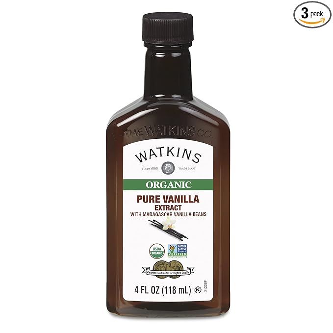 Watkins Organic Pure Vanilla Extract, with Madagascar Vanilla Beans, Non-GMO, Kosher, 4 oz. Bottle, 3-Pack