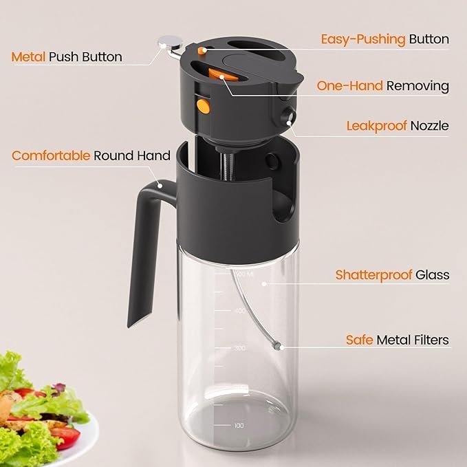 Oil Sprayer for Cooking, 2025 Large Advanced Olive Oil Dispenser Bottle,500ml/17oz Glass Olive Oil Sprayer,2 in 1 Even Spray with Portion Control for Kitchen, Air Fryer, Salad, BBQ - Black