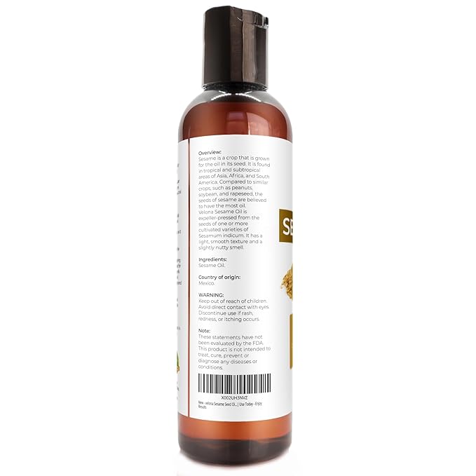 Sesame Seed Oil by Velona - 4 fl oz | 100% Pure and Natural Carrier Oil | Refined, Expeller Pressed | Cooking, Skin, Hair, Body & Face Moisturizing | Use Today - Enjoy Results