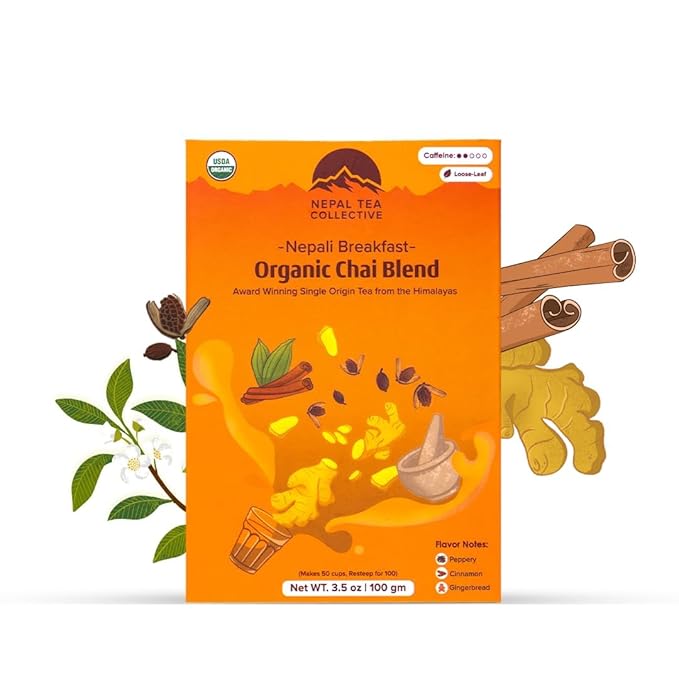 NEPAL TEA Organic Chai Tea Loose Leaf - Certified Organic Black Tea with Ginger, Cinnamon & Cardamom - Single Origin from Farm in the Himalayas (Nepali Breakfast) - 3.5 Oz (100g) Loose Leaf Black Tea