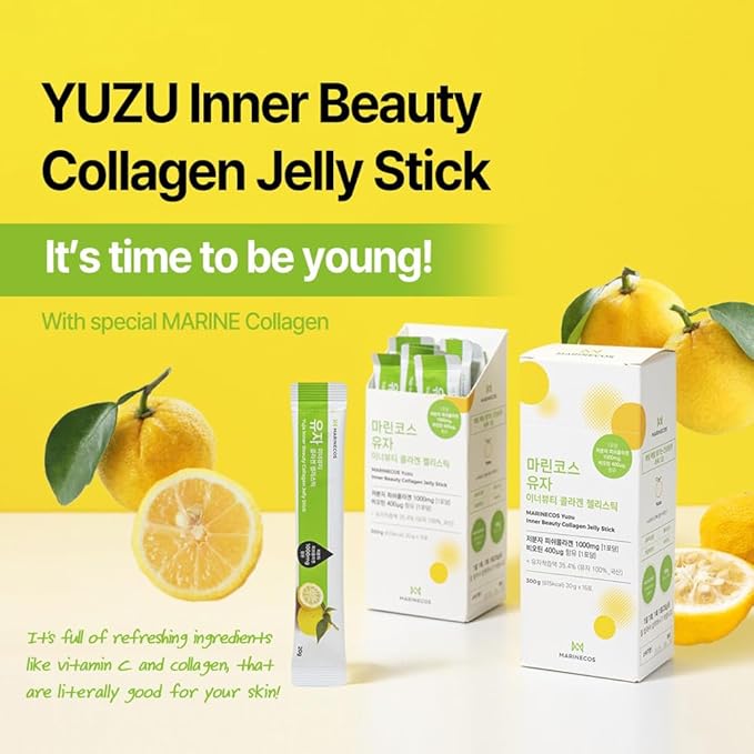 Yuzu Collagen Jelly Stick ??Korean Citrus Beauty Supplement ??Marine Collagen Peptide 3000mg ??Skin Vitality & Hydration ??No Sugar Added ??Portable Stick Type