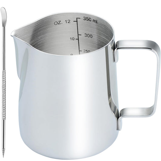 CAMKYDE Stainless Steel Milk Frothing Pitcher 12 oz, Espresso Steaming Pitcher with Decorating Pen