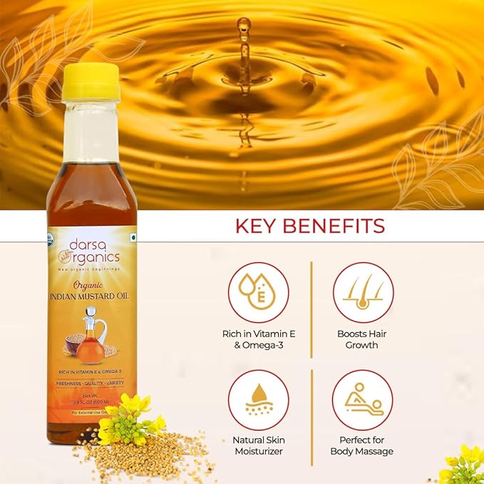 Darsa Organics Cold-Pressed Mustard Oil 16.9 oz (500ml) ??USDA Organic, Unrefined & Chemical-Free, Rich in Vitamin E & Omega-3, Great for Hair & Skin Care, Natural Massage & Remedies