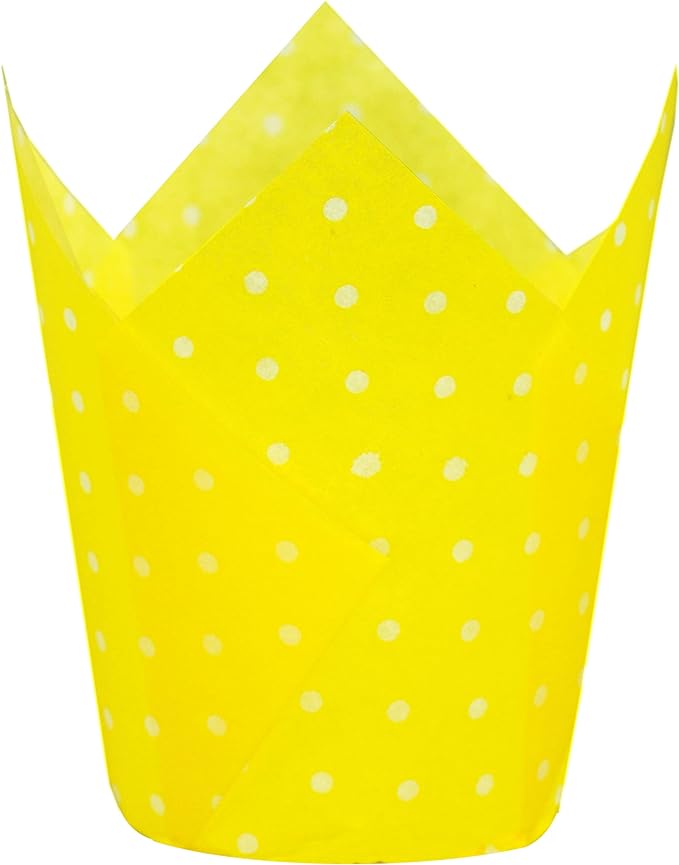 Large Muffin Greaseproof paper Baking cupcake cups, 2-1/4" x 4" Yellow printed with Polka Dot Tulip Baking Cup(Large) (125pcs)
