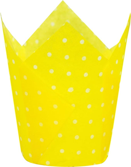 Large Muffin Greaseproof paper Baking cupcake cups, 2-1/4" x 4" Yellow printed with Polka Dot Tulip Baking Cup(Large) (125pcs)