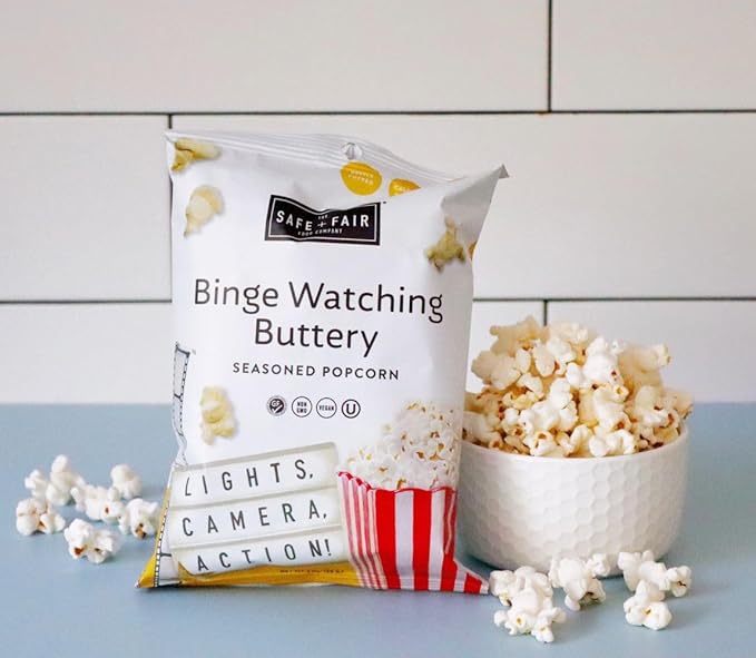 Safe + Fair Plant Based Gourmet Binge Worthy Buttery Seasoned Popcorn - Safe + Fair Binge Worthy Buttery Seasoned Popcorn Non-GMO + Gluten Free + Vegan + Kosher Snacks 3 oz bag,6 Pack
