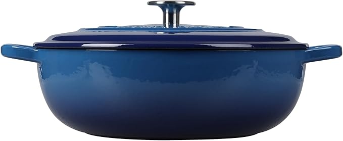 Enameled Cast Iron Dutch Oven Shallow Casserole Braiser with Dual Handle, 3.8 QT, Lake Blue