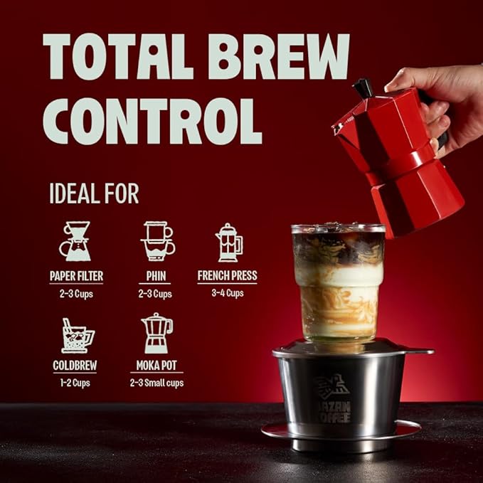 BAZAN COFFEE Vietnamese Strong Coffee, Premium Robusta & Arabica Ground, Full-Bodied Dark Roast, Smooth & Low Acidity, Ideal for Milk Drinks & Home Baristas, Bold Espresso Flavor, 12oz Bag, Overnight Blend