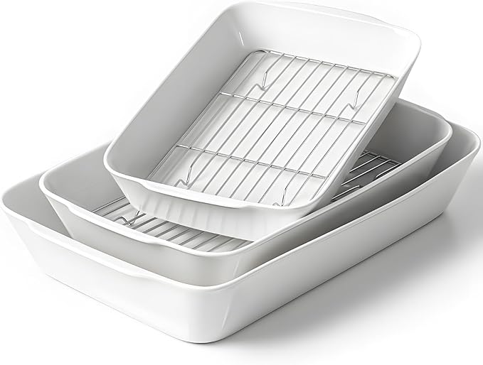 Casserole Dishes for Oven, Ceramic Baking Dishes Set of 3 with Roasting Racks, Rectangular Lasagna Pan with Handles for Baking, Gift, Dinner Microwave Oven Safeç«?QT/3QT/4.2QTç«?,<div>