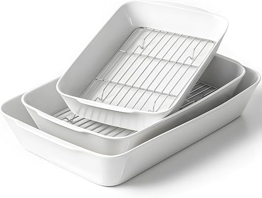 Casserole Dishes for Oven, Ceramic Baking Dishes Set of 3 with Roasting Racks, Rectangular Lasagna Pan with Handles for Baking, Gift, Dinner Microwave Oven Safeç«?QT/3QT/4.2QTç«?,<div>