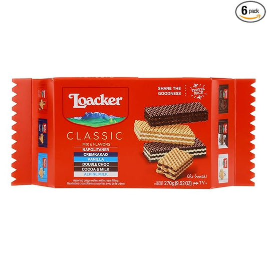 Loacker Classic Wafers Mix - Premium Assorted Crispy Wafer Cookies - Variety Pack - Hazelnut, Chocolate, Vanilla, Double Chocolate, Cocoa and Milk, Milk - 45g/1.59oz, Pack of 6