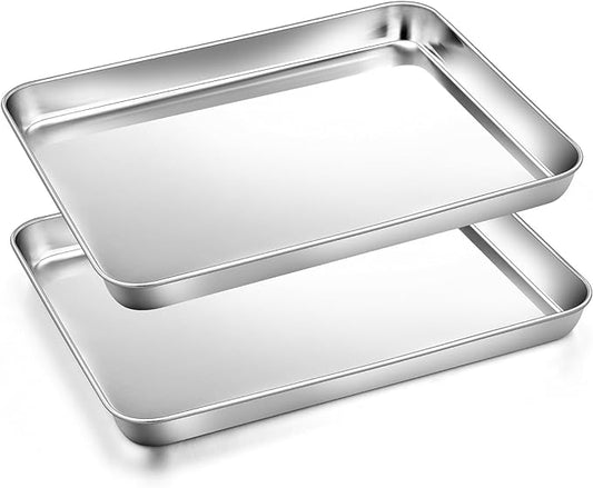 2Pcs Baking Sheet Pan Set, Joyfair Stainless Steel Cookie Sheets, Commercial Metal Pans Toaster Oven Tray Bakeware for Jelly Roll/Bread/Bacon, Heavy Gauge, Rust-free & Dishwasher Safe (9 Inch)