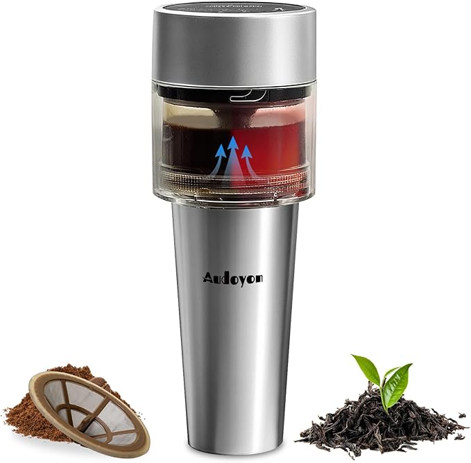 Coffee & Tea Maker, Portable Cold Brew Coffee Machine, Rapid Tea Brewer 16oz Hot & Iced, Rechargeable+Self Clean+Ultra-Fine Stainless Tea Strainer for Camping, Travel, Office & RV