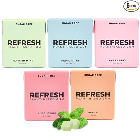 Refresh Gum Fruit Variety Pack – Xylitol, Sugar Free Chewing Gum, Natural Flavor & Organic Ingredients – Long Lasting, Plant-Based, Non-GMO – 12 Pieces, 5 Pack (12 Count (Pack of 5), Sampler Pack)