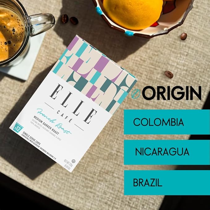 ELLE Café© French Roast K-Cup Pods - 12 Count - 100% Arabica Coffee, Flavor Medium Dark Roast - Single-Serve Coffee Pods