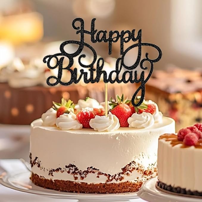 1 PCS Happy Birthday Cake Topper Glitter Black Happy Birthday Decorations for Celebrating Anniversary Party Cake Decorations