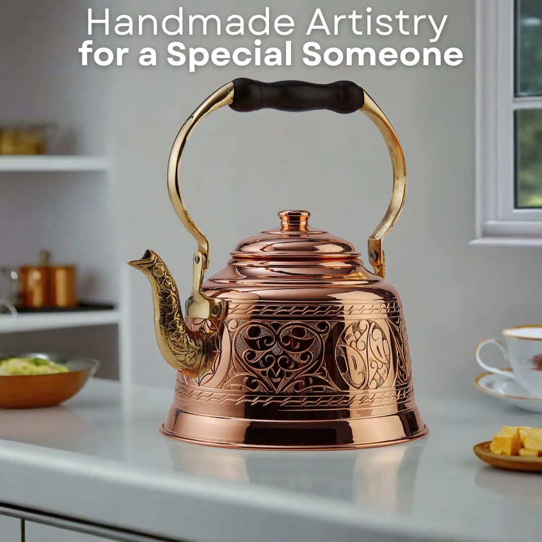 DEMMEX Heavy Gauge 1mm Thick Engraved Solid Copper Tea Pot Kettle Stovetop Teapot, Handmade
