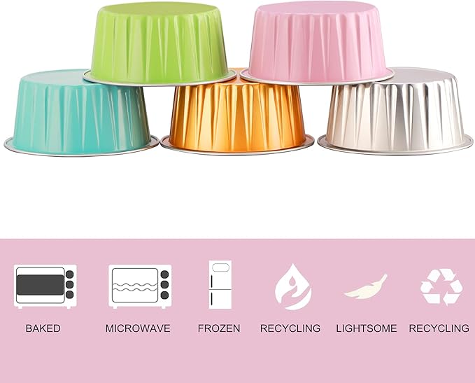 EUSOAR Cupcake Liners for Baking, 50pcs 5oz Muffin Liners, Disposable Foil Ramekins, Dessert Containers, Aluminum Foil Baking Cupcake Cups Holders Pans with Lids 5 Colors Mixed