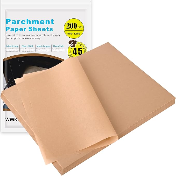WMKGG 200Pcs Unbleached Parchment Paper for Baking, 8 x 12 Inch Precut Heavy Duty Parchment Paper Sheets for Cooking, Grilling, Air Fryer and Oven