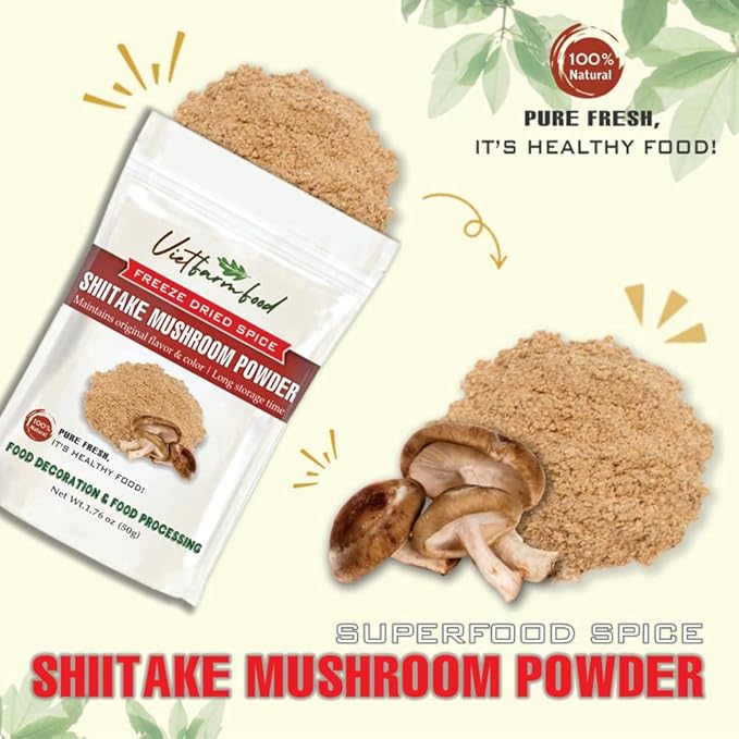 SHIITAKE MUSHROOM POWDER 1.76 Oz (50g) VIETFARMFOOD: Pure, natural freeze-dried spice made from real vegetables, fruits - perfect for enhancing every meal, from cooking, baking, salads, soups, sauces