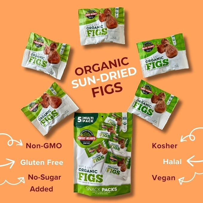 Perfect Delights Organic Snack Pack Figs, Sun-Dried Turkish Figs, On-the-Go Vegan, Healthy Snack, Easy-to-Carry Dried Figs, Perfect for Kids & Adults 5 Pack (1.76 oz each)