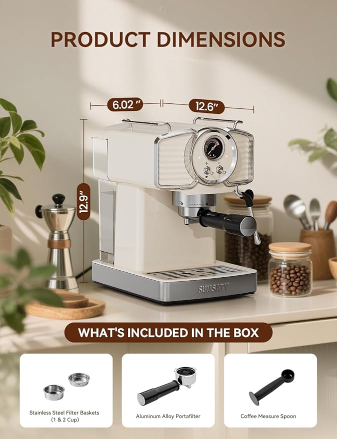 Espresso Machine 20 Bar, Professional Espresso Maker with Milk Frother Steamer Wand, Retro Coffee Maker Cappuccino & Latte Machine for Home, 1.8L Removable Water Tank, Off-white